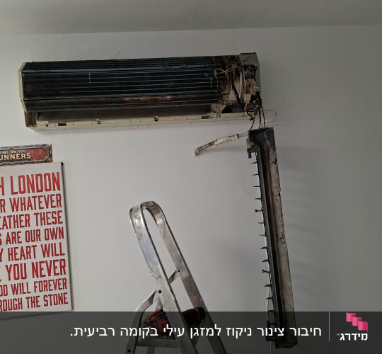 מזגן מפורק על קיר עם סולם ותמונה